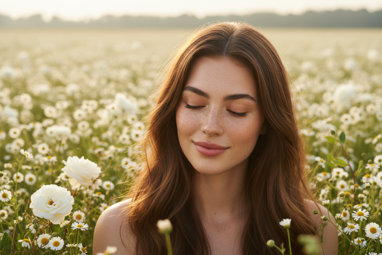 Offne haare, Sonnen Flecken auf Gesicht hinter ihr soll Natur Welt weiße Blumen sein